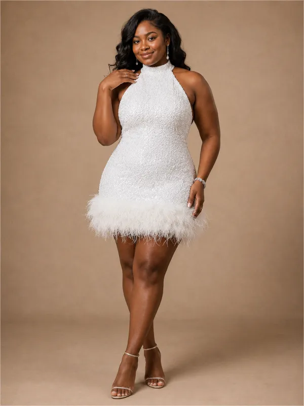 ChicSew Unique Modern Halter Sheath Beaded Sequin Tulle Mini-Length Wedding Dress made by ChicSew