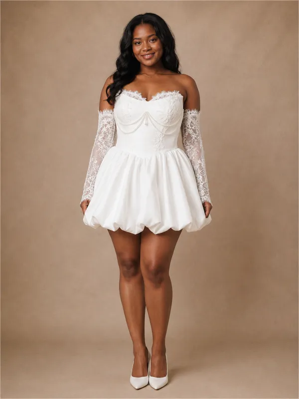 ChicSew Fancy Strapless A-Line Mini-Length Satin Wedding Dress With Lace Appliques made by ChicSew