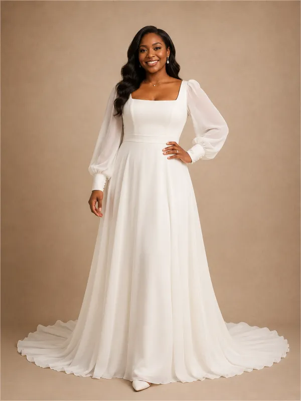 ChicSew Elegant Simple Square Neck Long Sleeves Chiffon A-Line Wedding Dress made by ChicSew