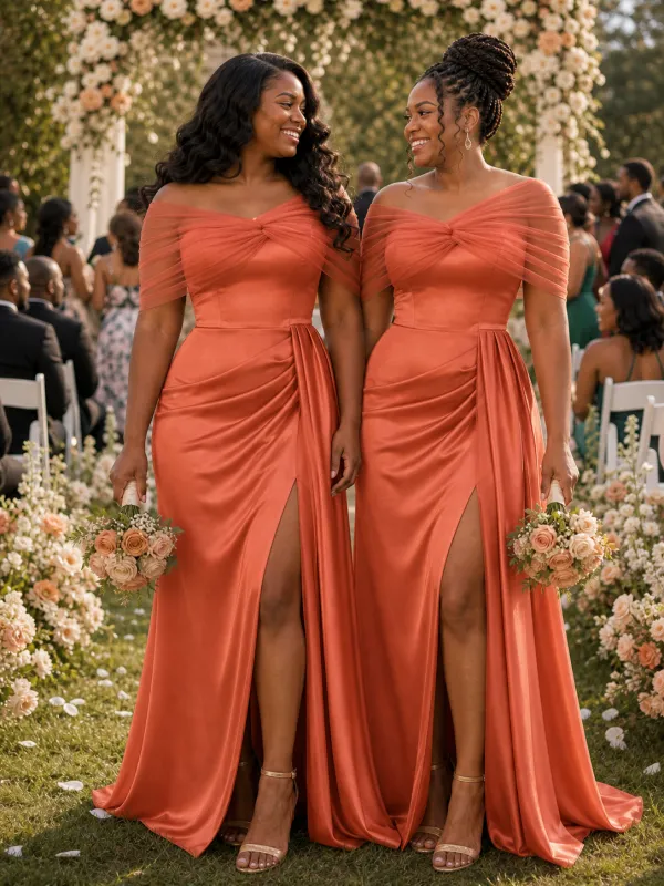 ChicSew Fancy Off Shoulder Tulle Mermaid Side Slit Ruched Soft Satin Long Bridesmaid Dresses made by ChicSew