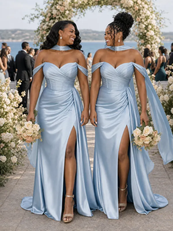 ChicSew Fancy Off Shoulder Side Slit Ruched Boning Mermaid Soft Satin Long Bridesmaid Dresses made by ChicSew