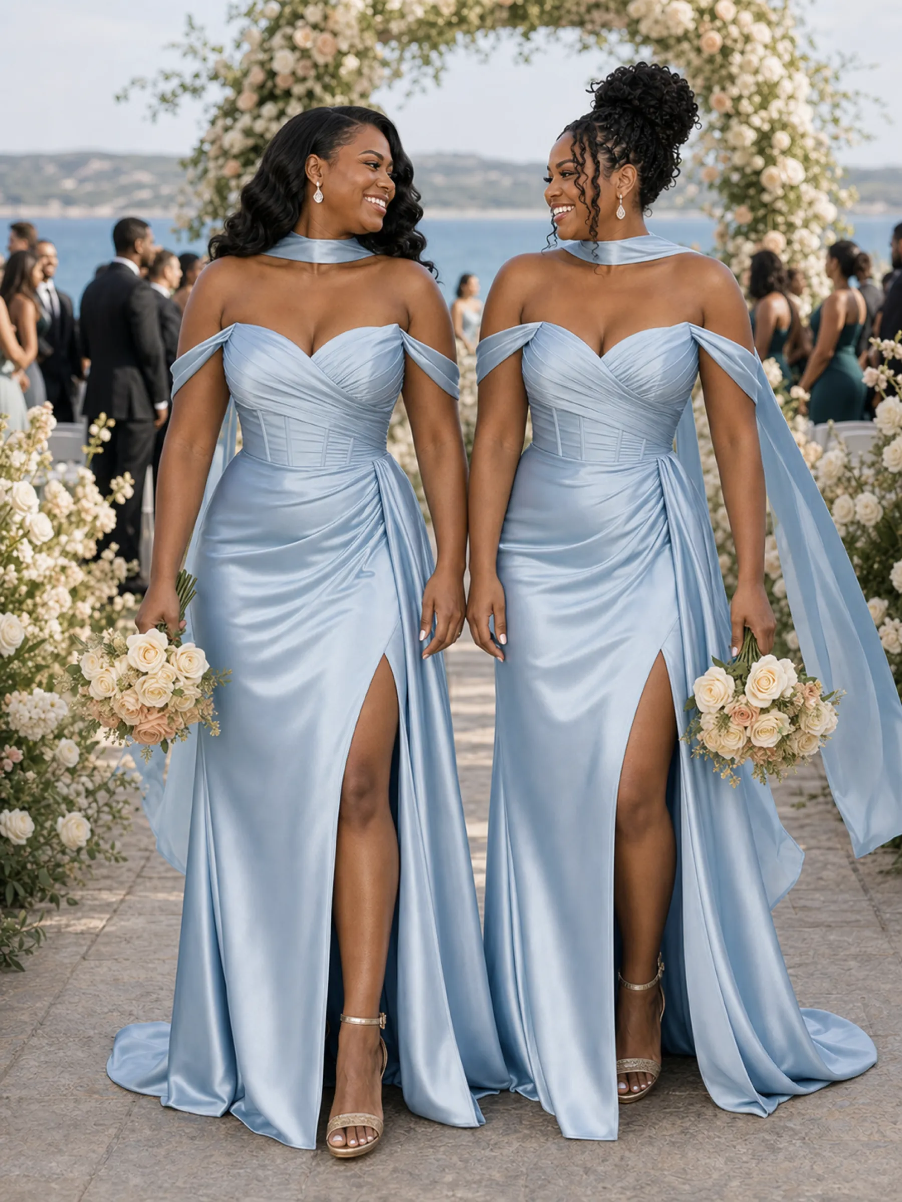 ChicSew Fancy Off Shoulder Side Slit Ruched Boning Mermaid Soft Satin Long Bridesmaid Dresses sold by ChicSew