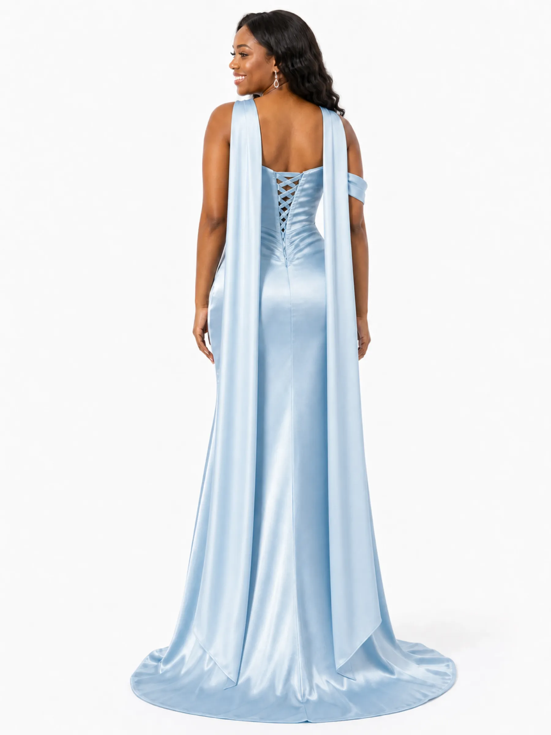 ChicSew Fancy Off Shoulder Side Slit Ruched Boning Mermaid Soft Satin Long Bridesmaid Dresses sold by ChicSew product image thumbnail 4