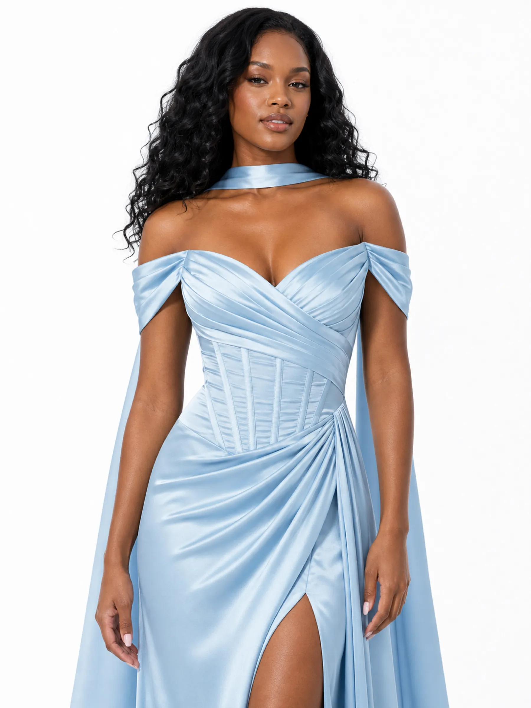ChicSew Fancy Off Shoulder Side Slit Ruched Boning Mermaid Soft Satin Long Bridesmaid Dresses sold by ChicSew product image thumbnail 3