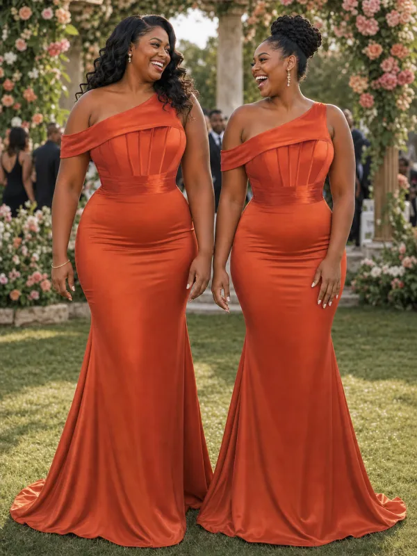 ChicSew Fancy Asymmetric Straps Mermaid Satin Long Bridesmaid Dresses With Boning made by ChicSew