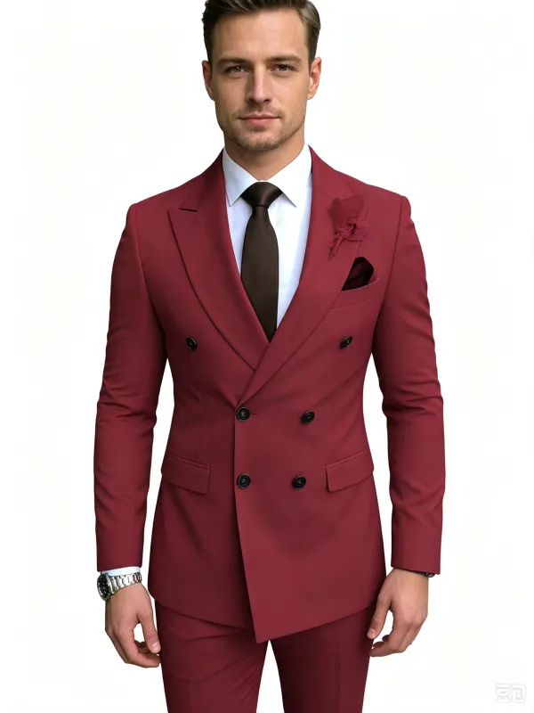Classic 2 Piece Burgundy Men's Suit with Regular Fit and Sophisticated Peak Lapel made by ChicSew