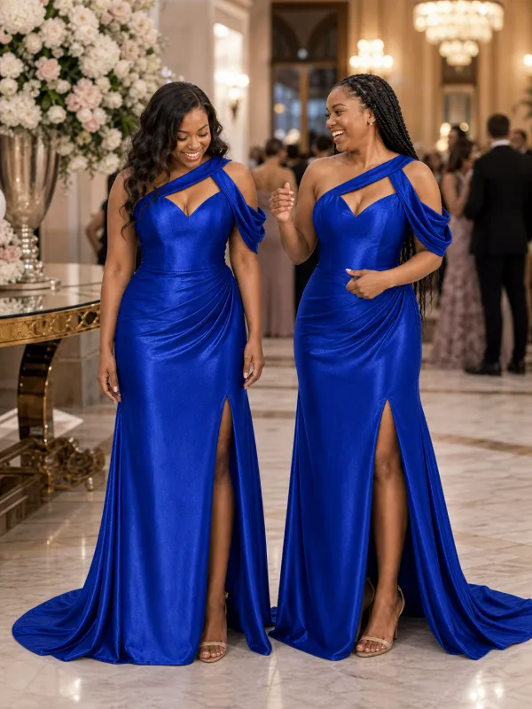 ChicSew Fancy V-Neck Side Slit Ruched Mermaid Soft Satin Long Bridesmaid Dresses made by ChicSew