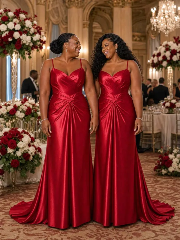ChicSew Elegant Spaghetti Straps V-Neck Ruched Mermaid Soft Satin Floor-Length Bridesmaid Dresses made by ChicSew