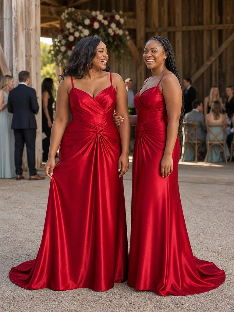 ChicSew Elegant Spaghetti Straps V-Neck Ruched Mermaid Soft Satin Floor-Length Bridesmaid Dresses sold by ChicSew product image thumbnail 2