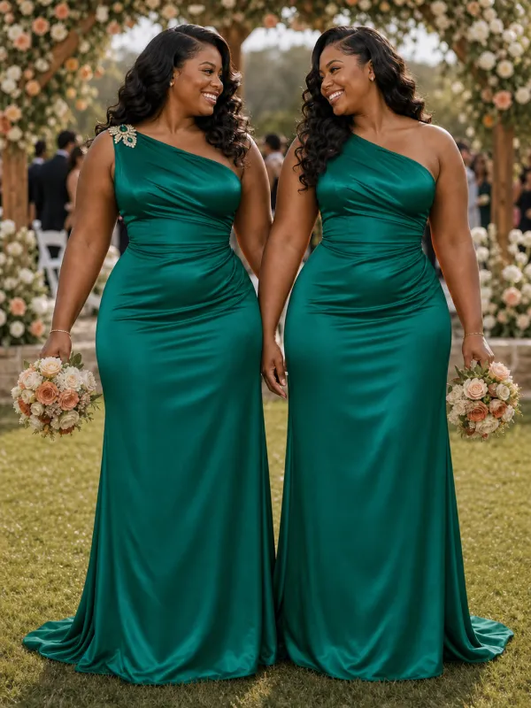 ChicSew Elegant One Shoulder Mermaid Ruched Soft Satin Long Bridesmaid Dresses made by ChicSew
