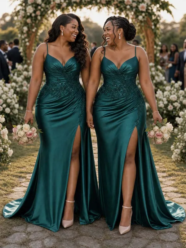 ChicSew Spaghetti Straps V-Neck Side Slit Lace Beaded Mermaid Soft Satin Bridesmaid Dresses made by ChicSew