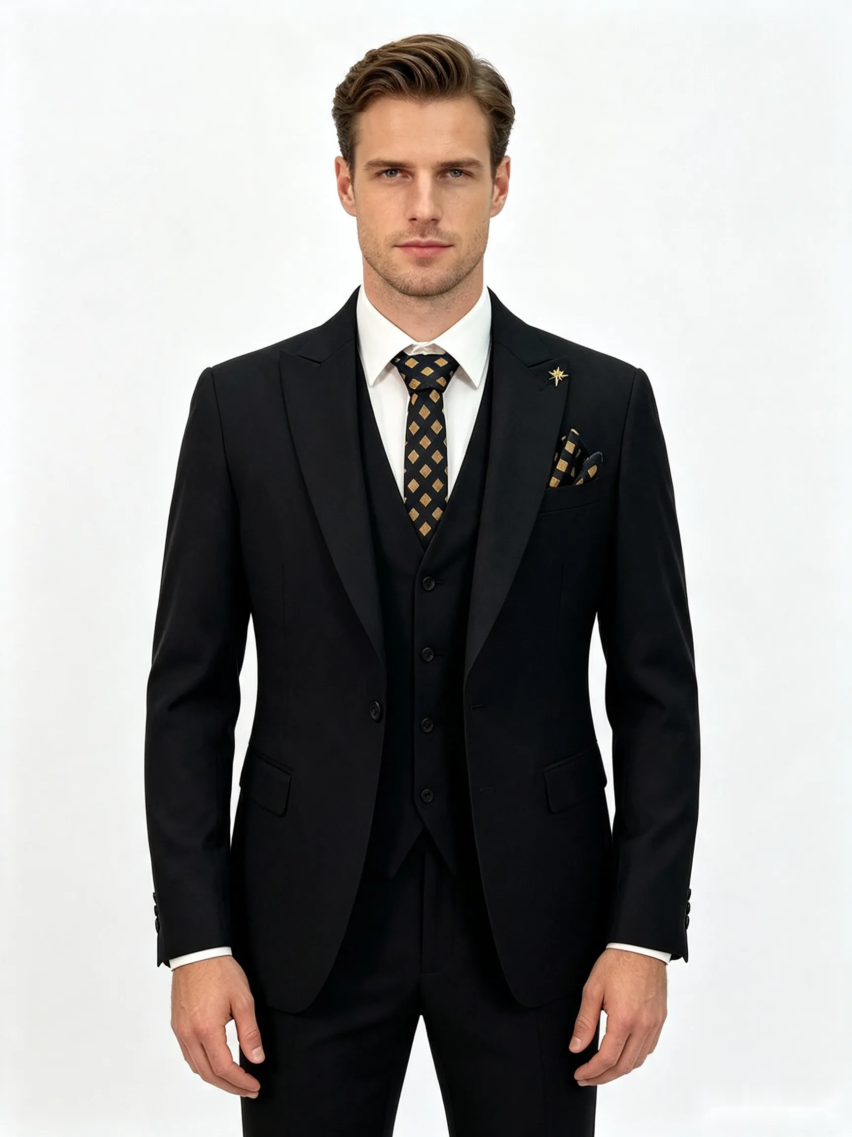 Classic 3 Piece Black Men's Suit with Regular Fit and Sophisticated Peak Lapel sold by ChicSew product image thumbnail 4