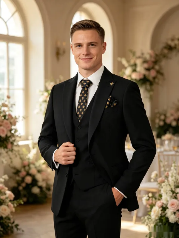 Classic 3 Piece Black Men's Suit with Regular Fit and Sophisticated Peak Lapel made by ChicSew