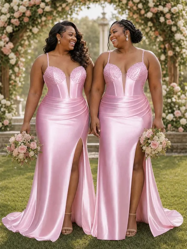 ChicSew Spaghetti Straps Beading Side Slit Mermaid Soft Satin Long Bridesmaid Dresses made by ChicSew