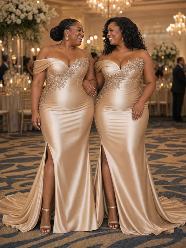 ChicSew Sexy One Shoulder Side Slit Mermaid Lace Beaded Satin Long Bridesmaid Dresses made by ChicSew