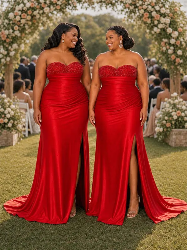 ChicSew Sexy Sweetheart Beaded Ruched Side Slit Mermaid Soft Satin Bridesmaid Dresses made by ChicSew