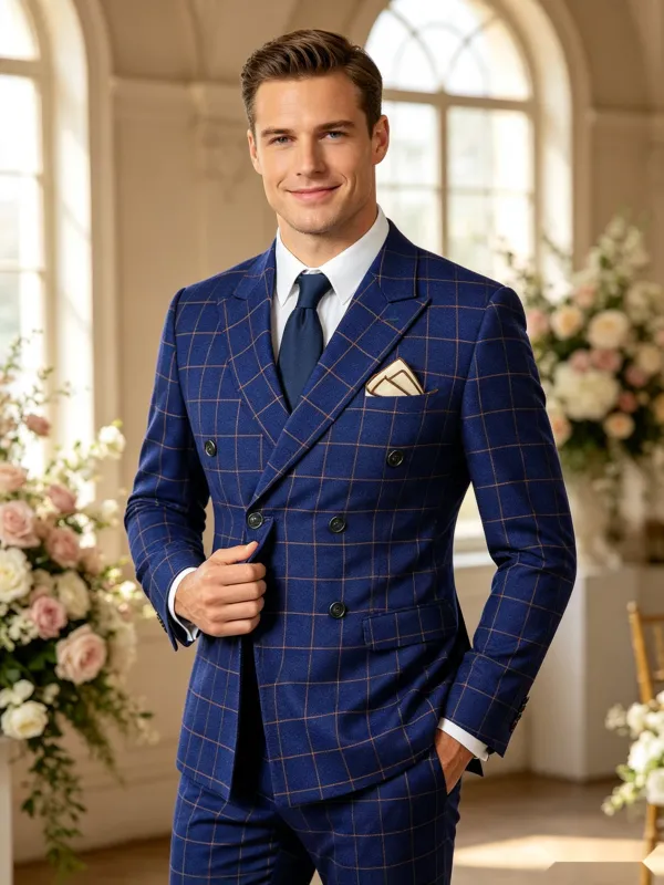 Classic 2 Piece Royal Blue Men's Suit with Regular Fit and Sophisticated Peak Lapel Vertical Strips made by ChicSew