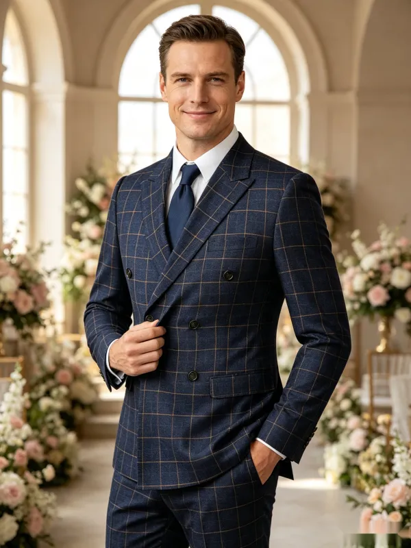 Classic 2 Piece Dark Navy Men's Suit with Regular Fit and Sophisticated Peak Lapel Vertical Strips made by ChicSew