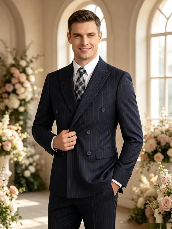 Classic 2 Piece Dark Navy Men's Suit with Regular Fit and Sophisticated Peak Lapel Vertical Strips made by ChicSew
