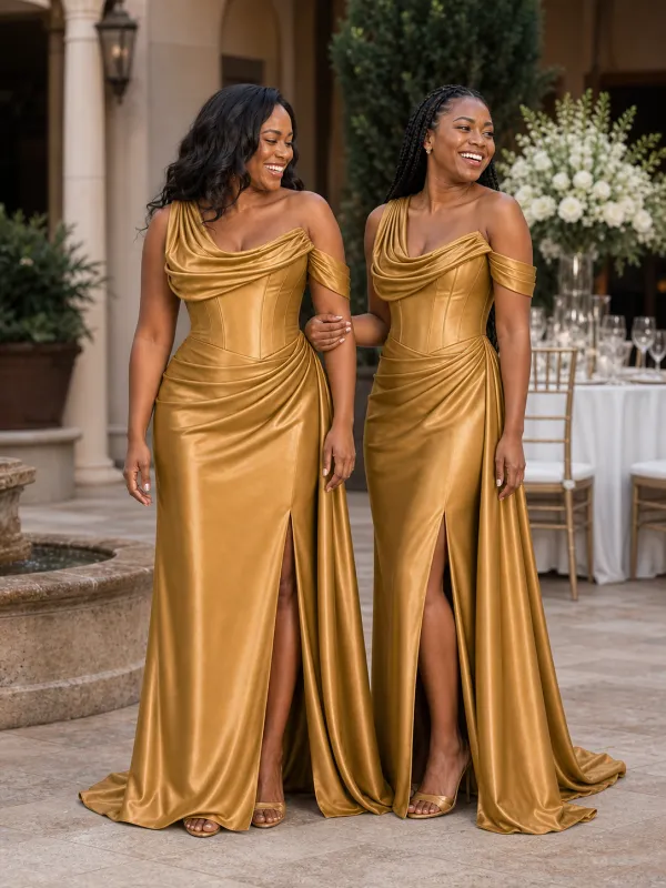 ChicSew One Shoulder Side Slit Ruched Mermaid Soft Satin Long Bridesmaid Dresses With Boning made by ChicSew