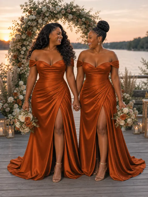 ChicSew Sexy Off Shoulder Side Slit Mermaid Soft Satin Floor-Length Bridesmaid Dresses made by ChicSew