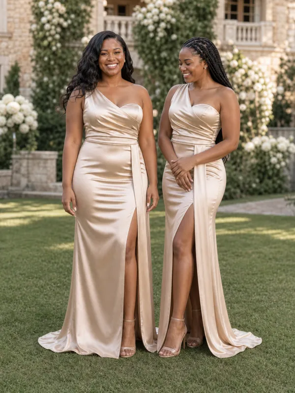 ChicSew One Shoulder Side Slit Mermaid Soft Satin Floor-Length Bridesmaid Dresses made by ChicSew