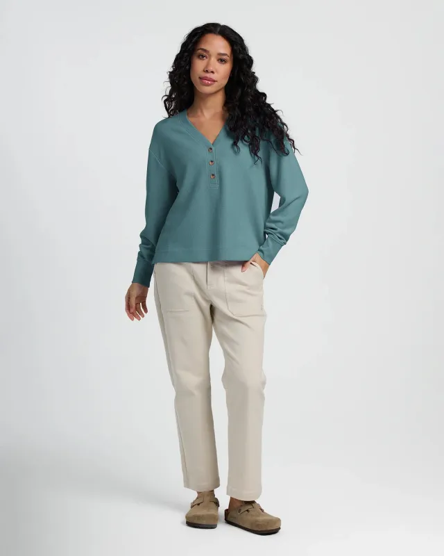 Women's Waffle Long Sleeve Henley - Sea Pine sold by Free Fly Apparel