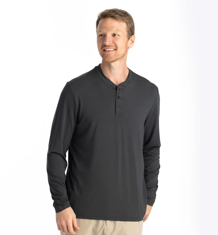 Men's Bamboo Flex Long Sleeve Henley - Black Sand made by Free Fly Apparel