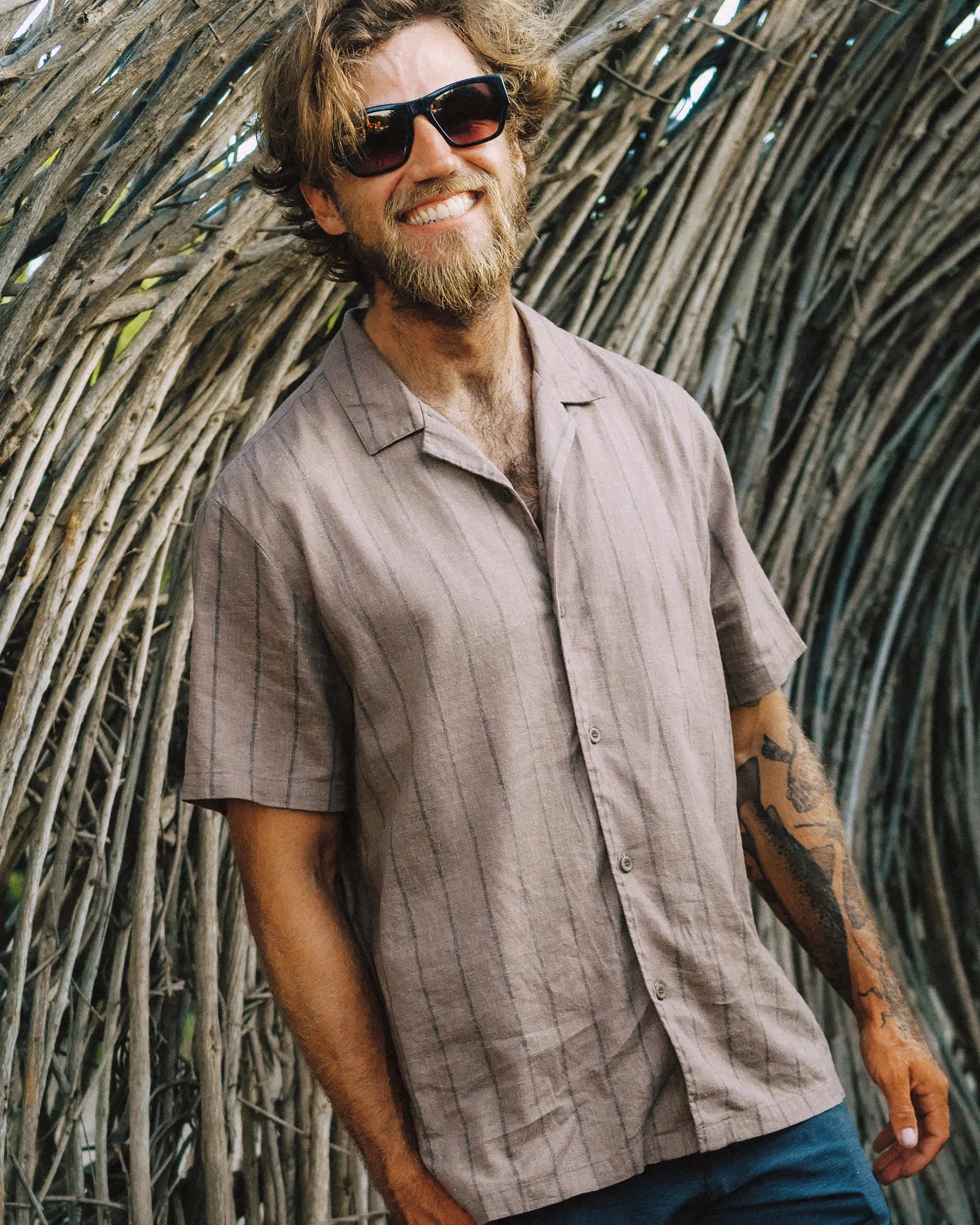Men's Sullivan's Camp Shirt - Dash Vertical Stripe Fossil sold by Free Fly Apparel product image thumbnail 2