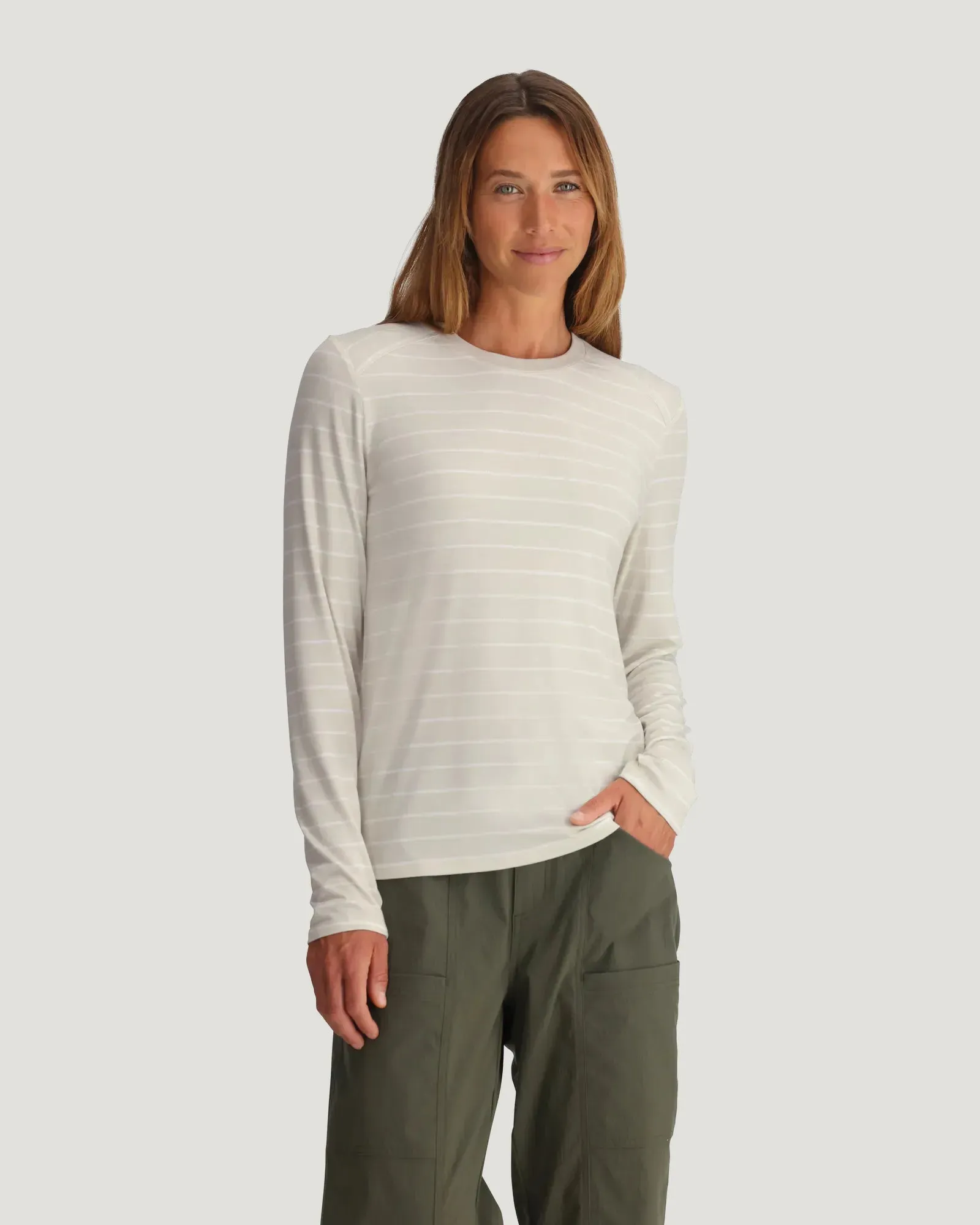 Women's Bamboo Shade Long Sleeve II - Dash Stripe Birch sold by Free Fly Apparel