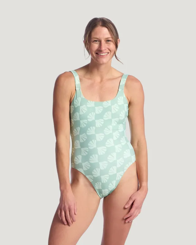 Women's Wavebound One Piece Suit - Sea Scallop Print Ocean Mist made by Free Fly Apparel