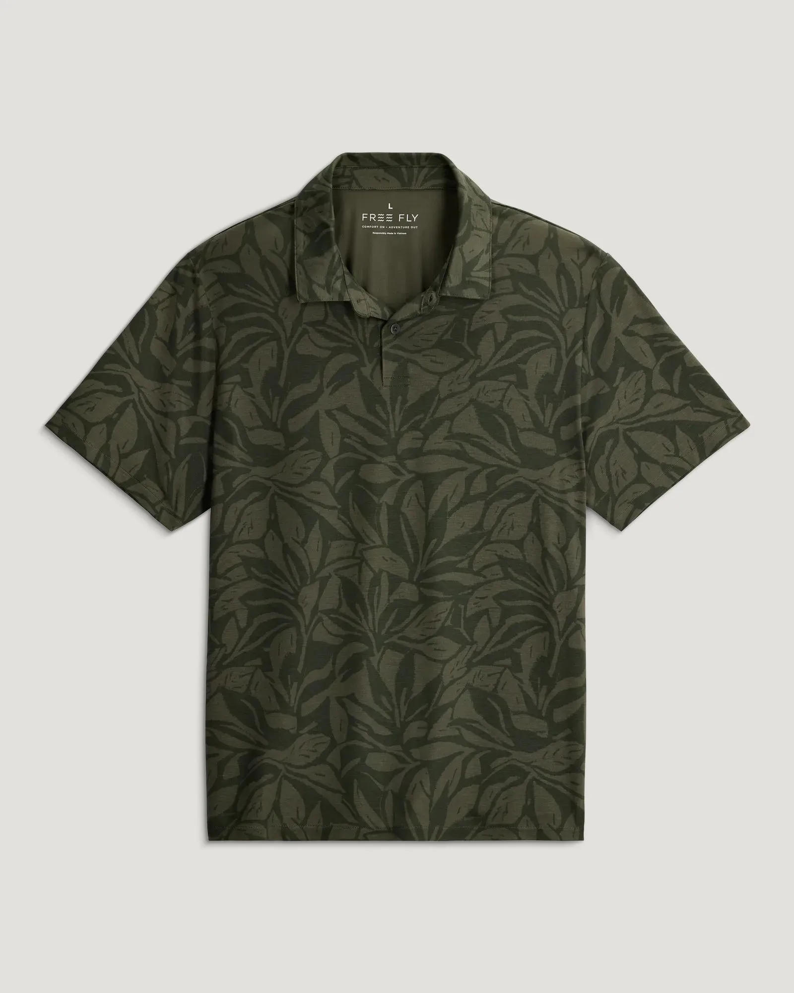 Men's Elevate Polo - Canopy Print Dark Forest sold by Free Fly Apparel