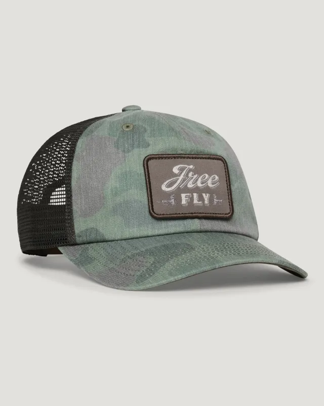 Outfitters Patch Trucker Hat - Vintage Camo Oil Green made by Free Fly Apparel