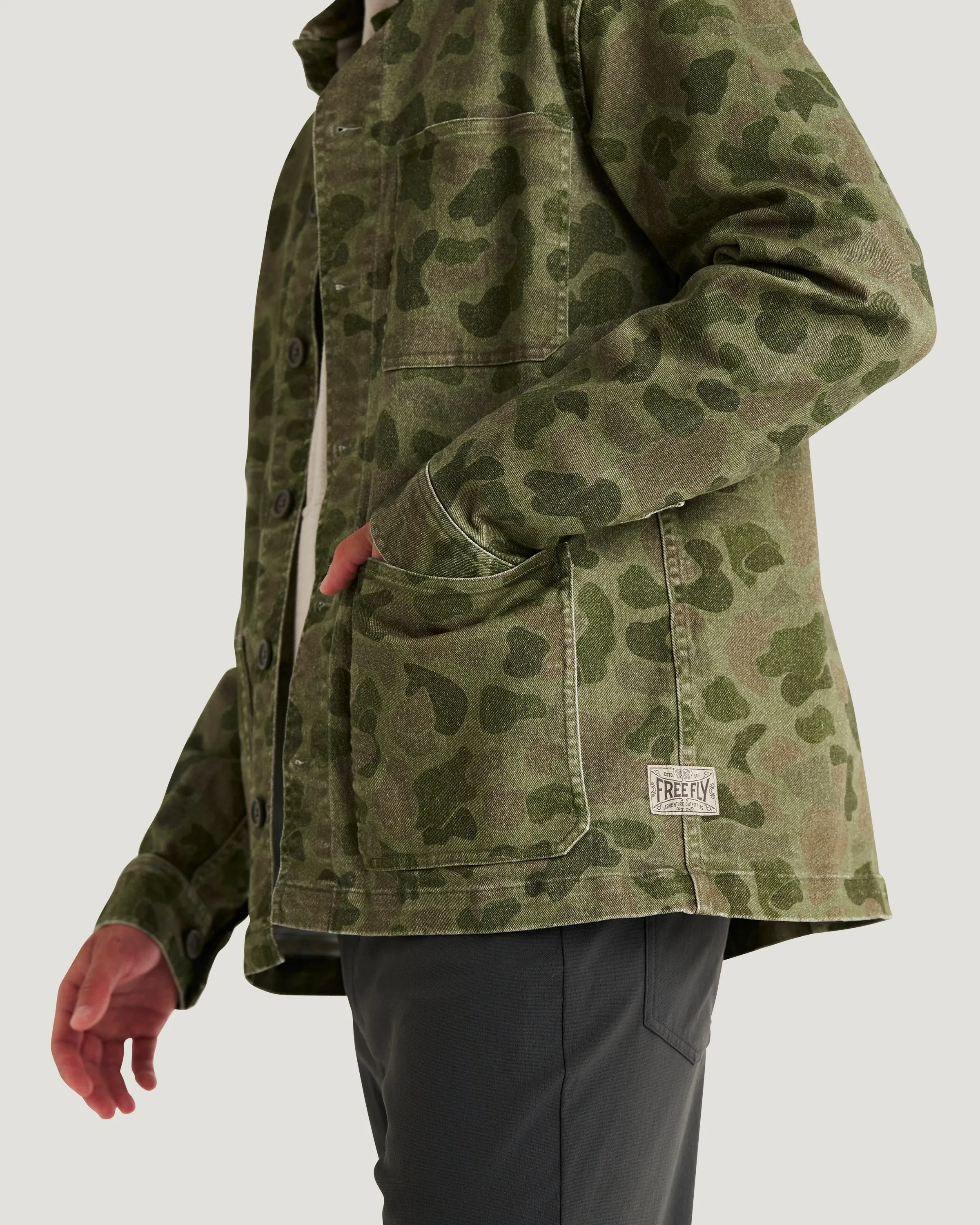 Men's Folly Twill Chore Coat - Vintage Camo Oil Green sold by Free Fly Apparel product image thumbnail 4