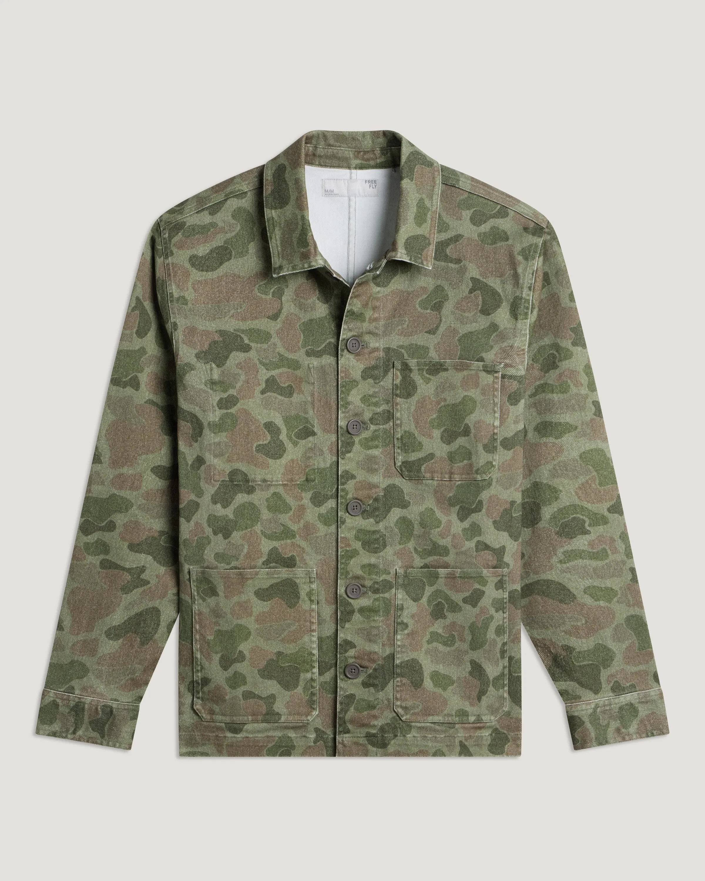 Men's Folly Twill Chore Coat - Vintage Camo Oil Green sold by Free Fly Apparel