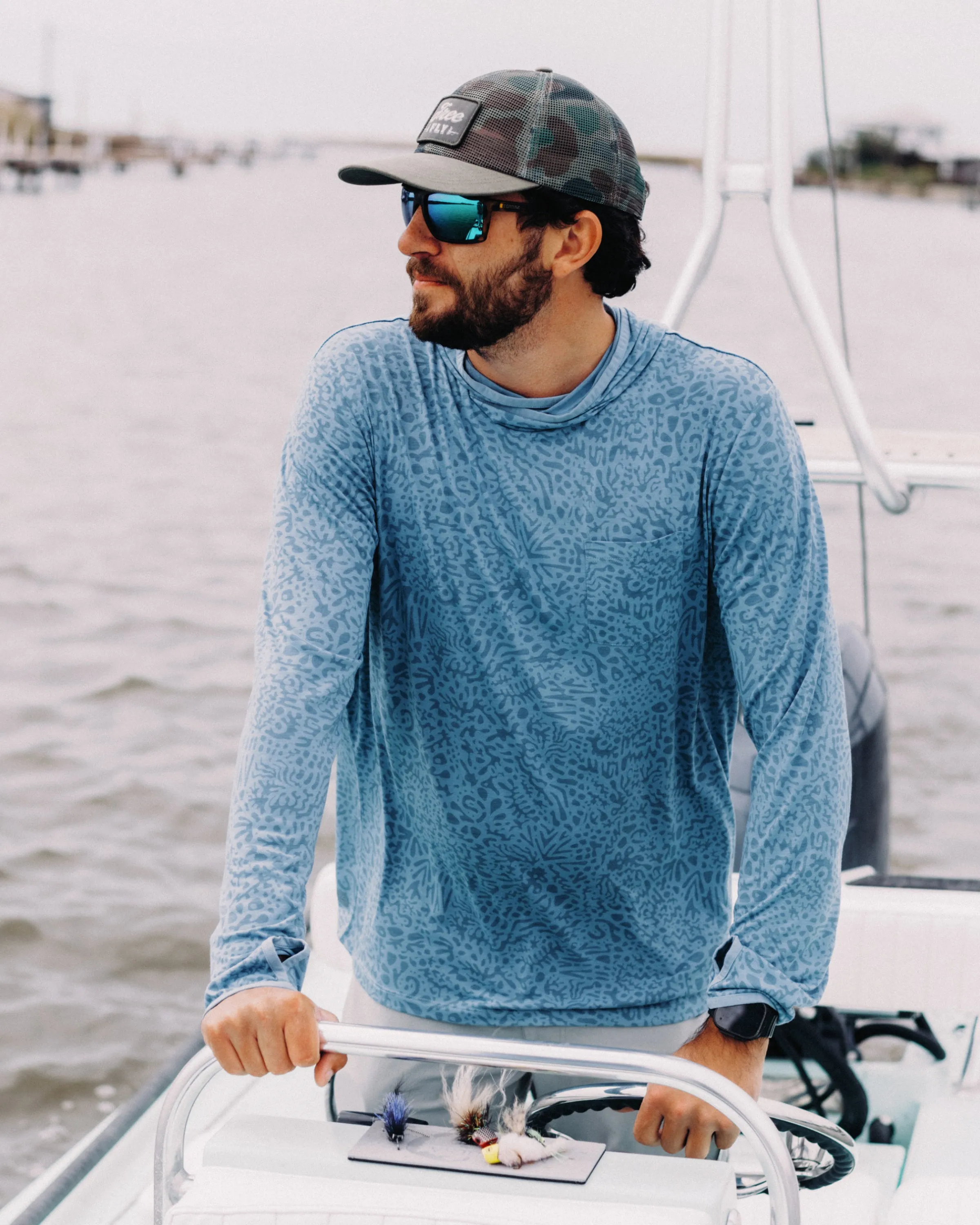 Men's Bamboo Lightweight Hoodie - Drifter Print Windward Blue sold by Free Fly Apparel product image thumbnail 2