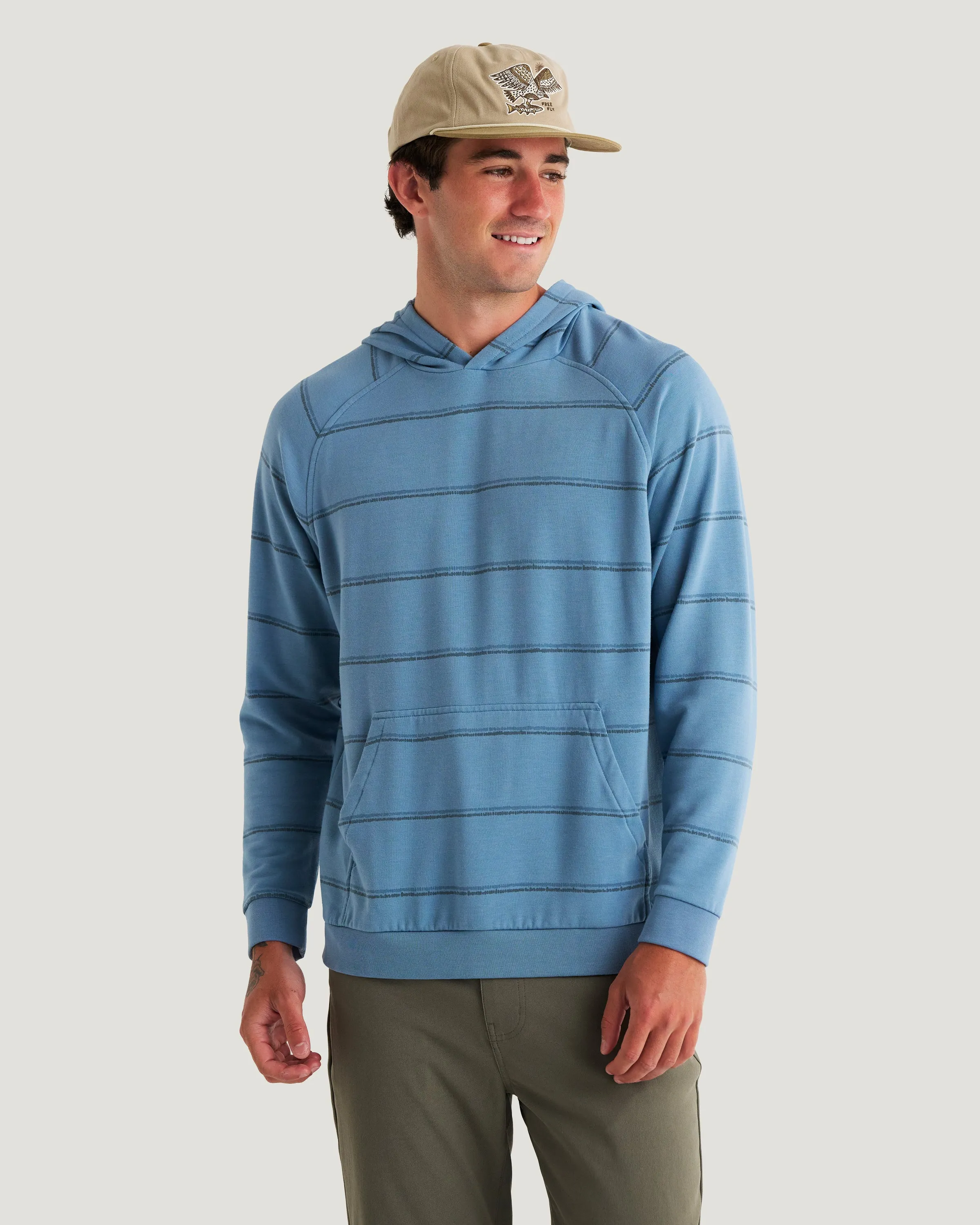 Men's Bamboo Lightweight Fleece Hoodie - Dash Double Stripe Windward Blue sold by Free Fly Apparel product image thumbnail 3
