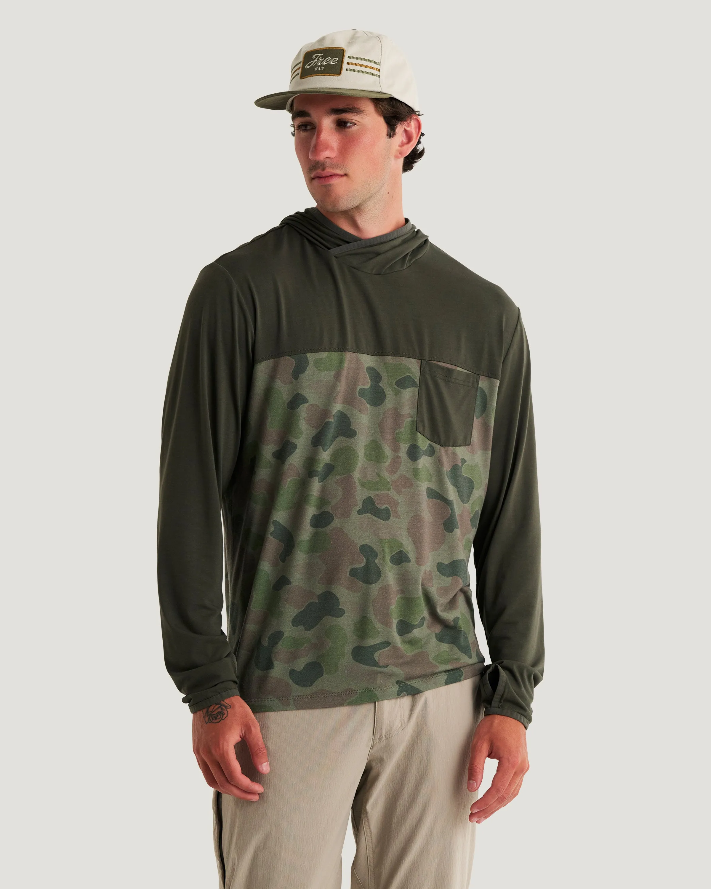Men's Bamboo Hybrid Hoodie - Dark Forest / Vintage Camo Oil Green sold by Free Fly Apparel product image thumbnail 3