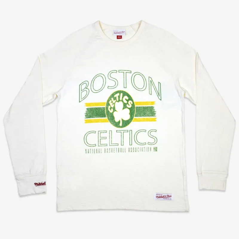 Celtics Striped Logo Lockup L/S Tee made by Mitchell & Ness