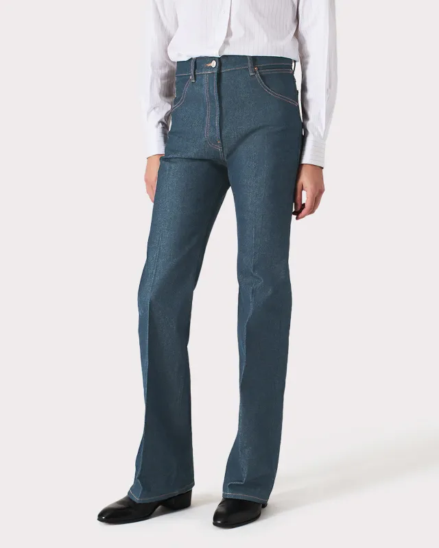 FLARED HIGH-WAISTED JEANS IN COTTON DENIM - GREENCAST INDIGO sold by Husbands Paris