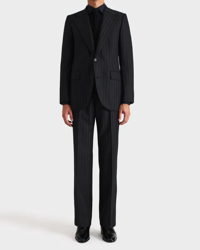 SINGLE-BREASTED SUIT IN WORSTED WOOL TWILL - ANTHRACITE WITH GREY PINSTRIPES made by Husbands Paris