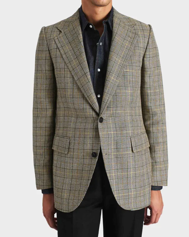 SINGLE-BREASTED JACKET IN WORSTED WOOL & LINEN - NAVY & TEAL GLEN CHECK made by Husbands Paris