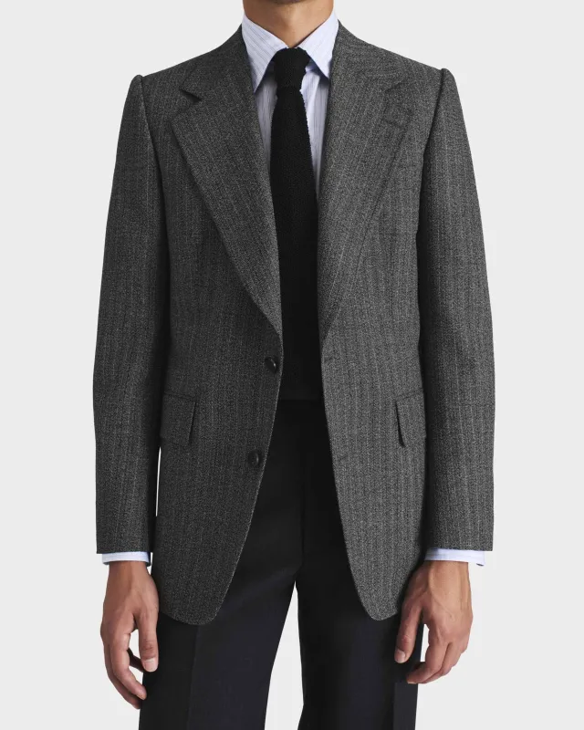 SINGLE-BREASTED JACKET IN 2-PLY WOOL & MOHAIR - BLACK & GREY HERRINGBONE sold by Husbands Paris