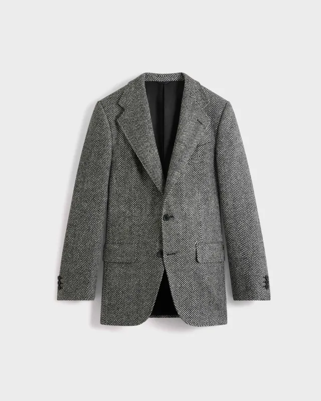SINGLE-BREASTED JACKET IN WOOL TWEED - LARGE BLACK AND WHITE HERRINGBONE sold by Husbands Paris