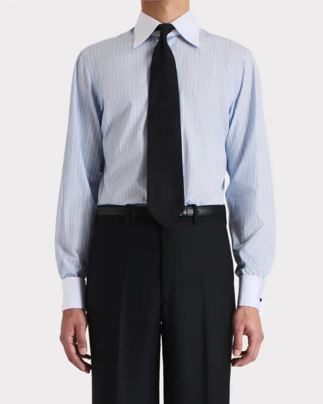 WIDE COLLAR SHIRT IN COTTON POPLIN – LIGHT BLUE STRIPES sold by Husbands Paris