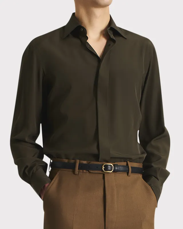 CLASSIC COLLAR SHIRT IN SILK CREPE – OLIVE sold by Husbands Paris