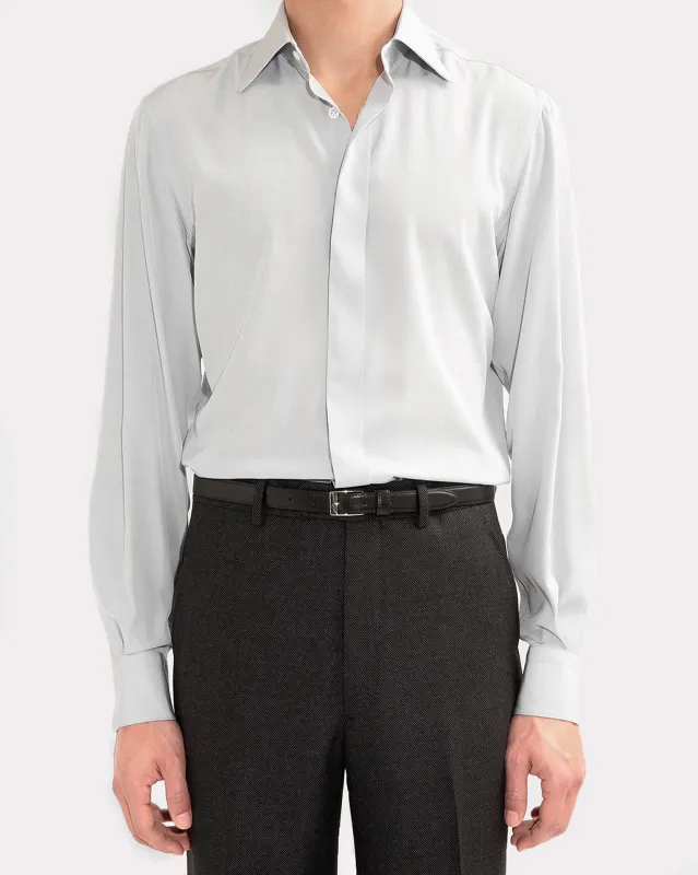 CLASSIC COLLAR SHIRT IN SILK CREPE - POWDER BLUE sold by Husbands Paris