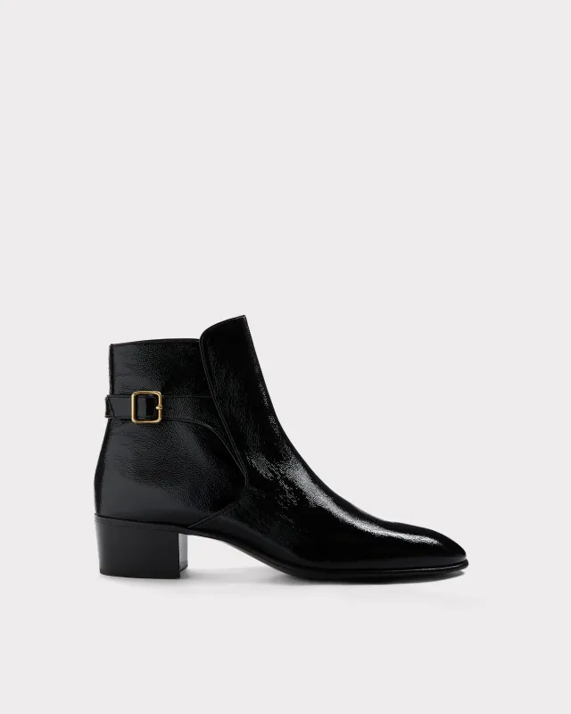 JODHPUR BOOTS IN CRACKLED PATENT CALFSKIN LEATHER - BLACK sold by Husbands Paris