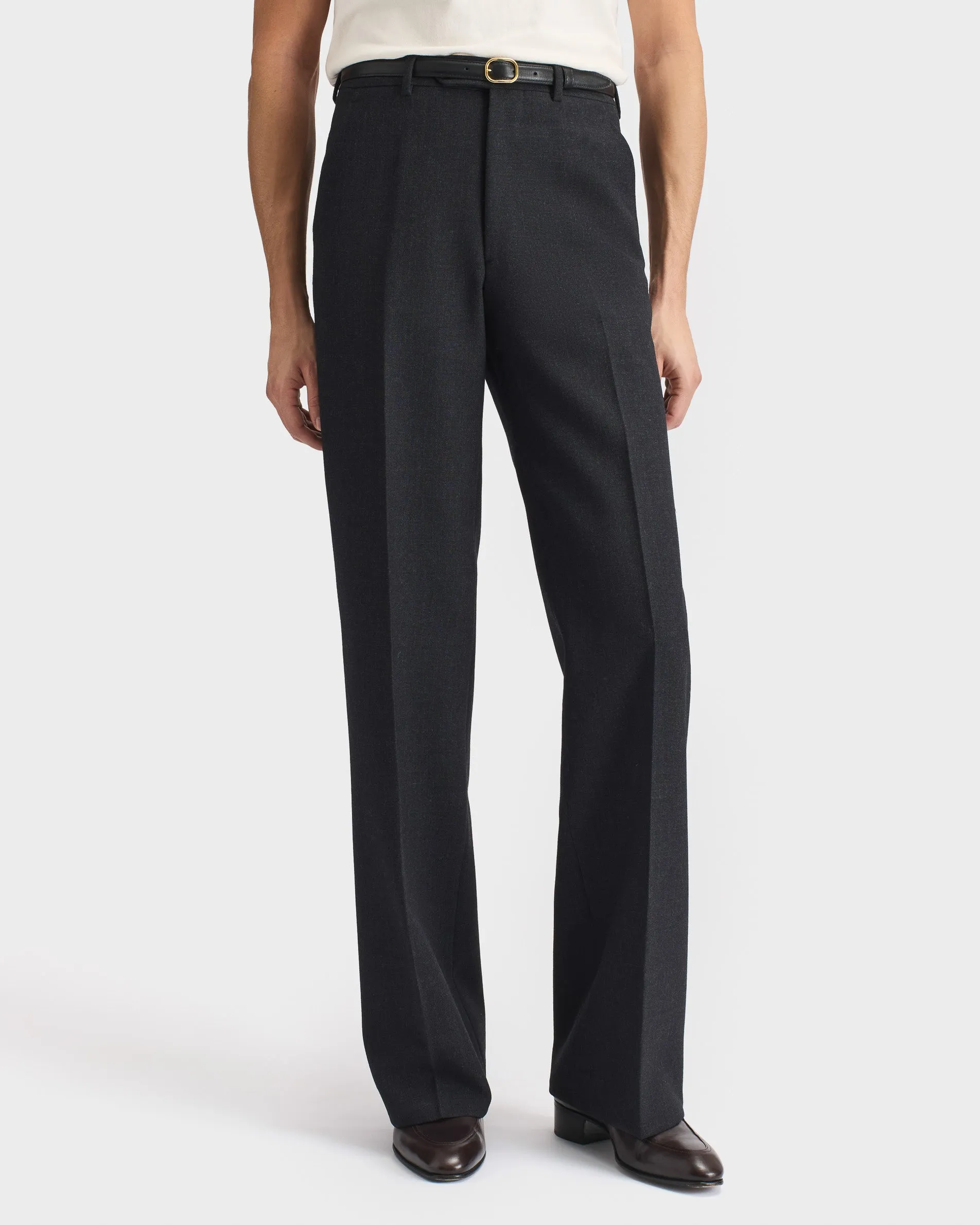 WIDE HIGH-WAISTED TROUSERS IN 3-PLY FRESCO WOOL - ANTHRACITE sold by Husbands Paris
