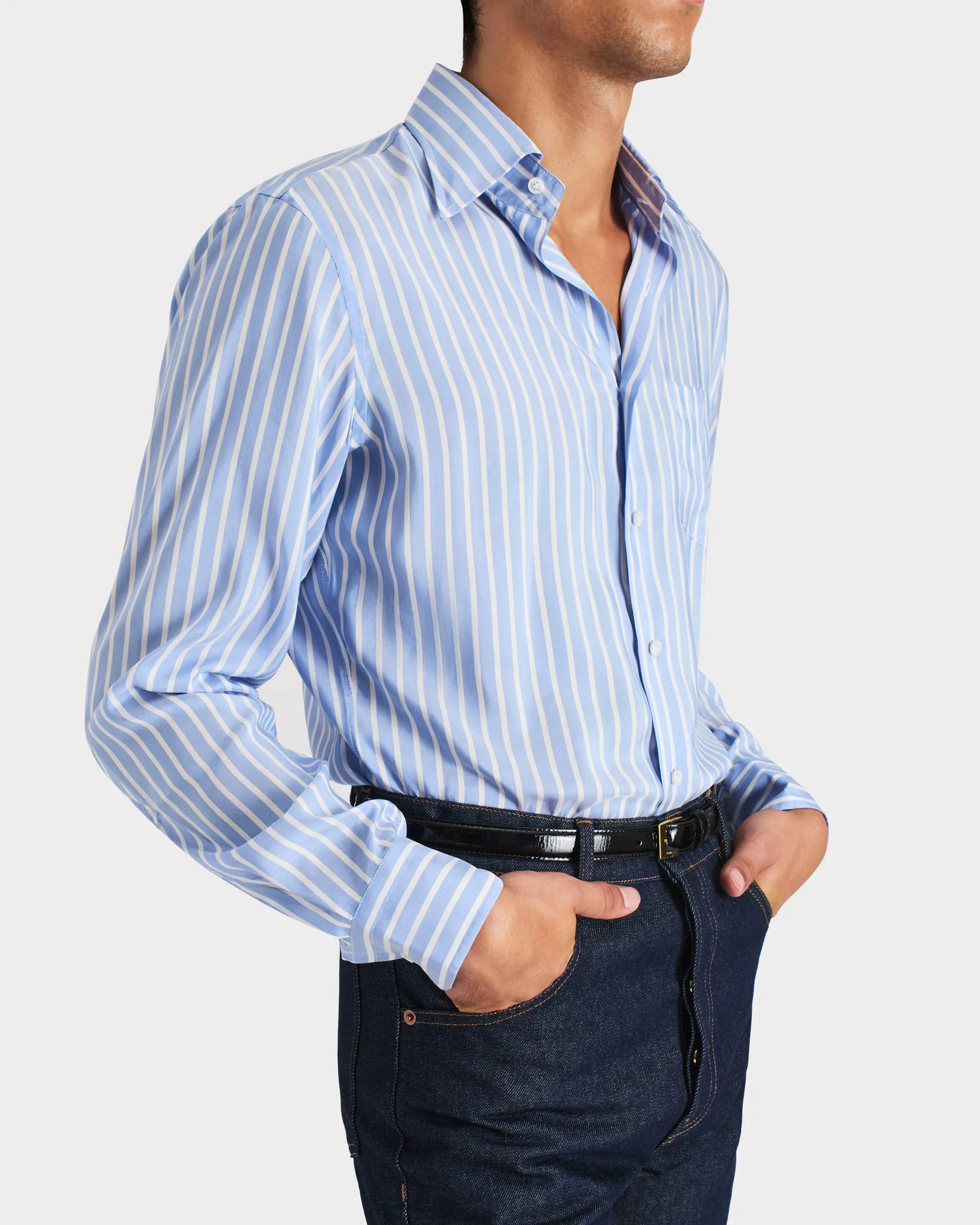 WIDE COLLAR SHIRT IN SILK POPLIN - BLUE AND WHITE BUTCHER STRIPES sold by Husbands Paris product image thumbnail 5